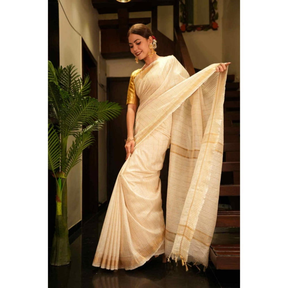Isadora Life Womens Checks Zari Ivory Pre-Draped Saree With Unstitched Blouse