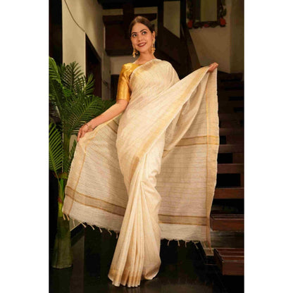 Isadora Life Womens Checks Zari Ivory Pre-Draped Saree With Unstitched Blouse