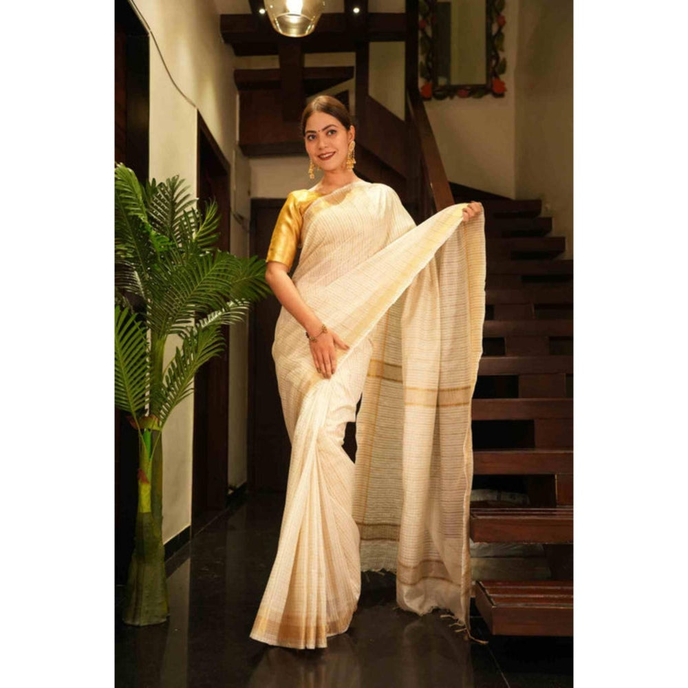Isadora Life Womens Checks Zari Ivory Pre-Draped Saree With Unstitched Blouse