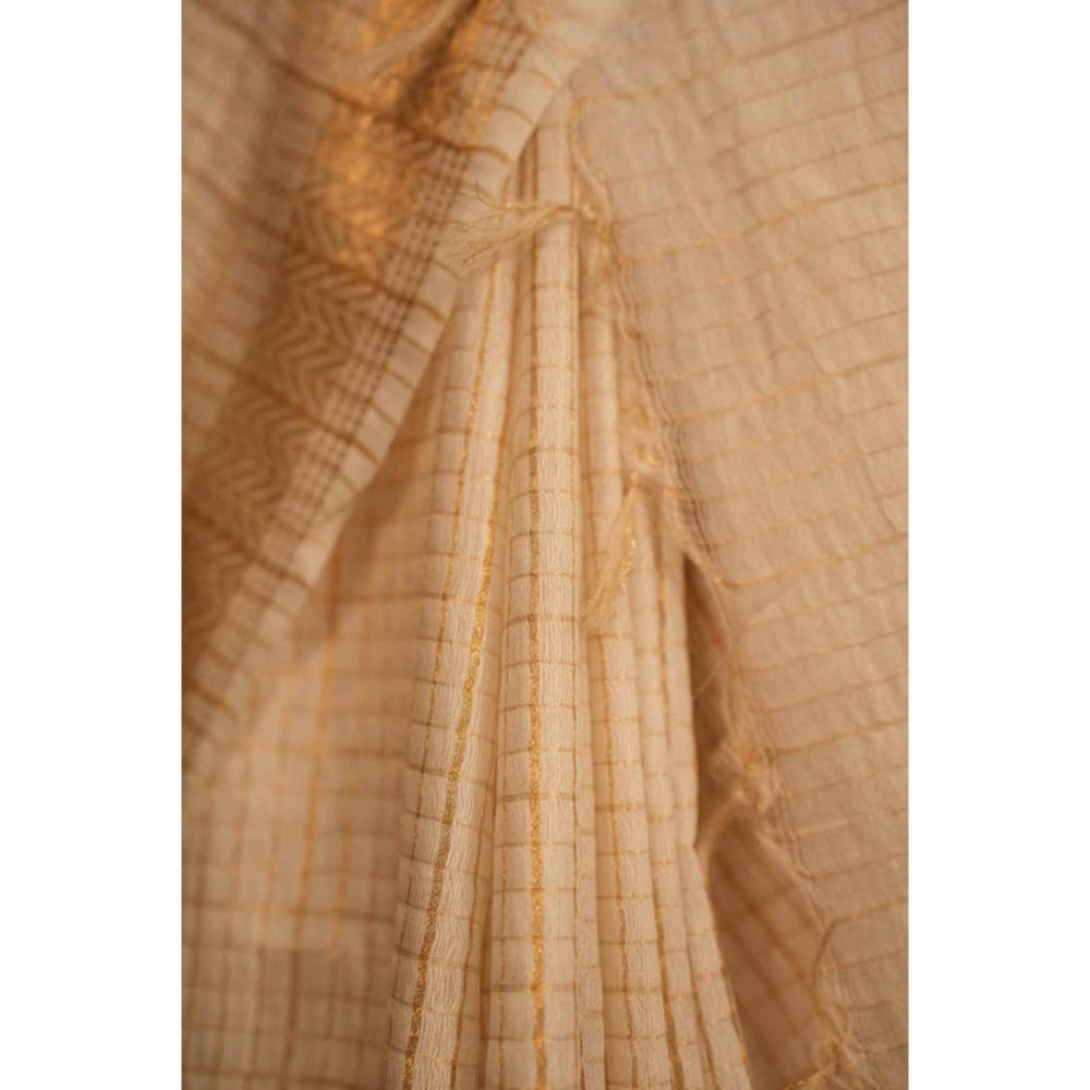 Isadora Life Womens Checks Zari Ivory Pre-Draped Saree With Unstitched Blouse