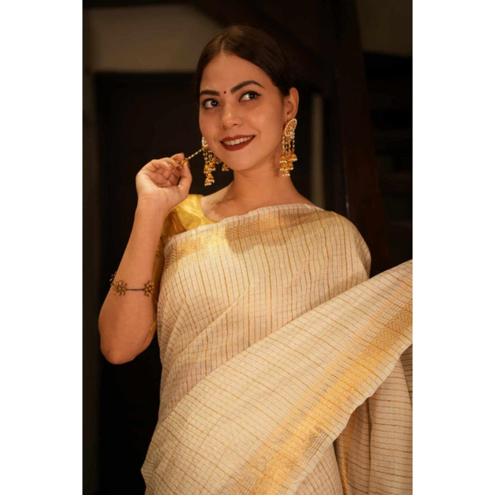Isadora Life Womens Checks Zari Ivory Pre-Draped Saree With Unstitched Blouse