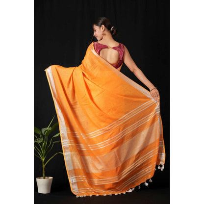 Isadora Life Womens Solid Tassels Orange Pre-Draped Saree With Unstitched Blouse
