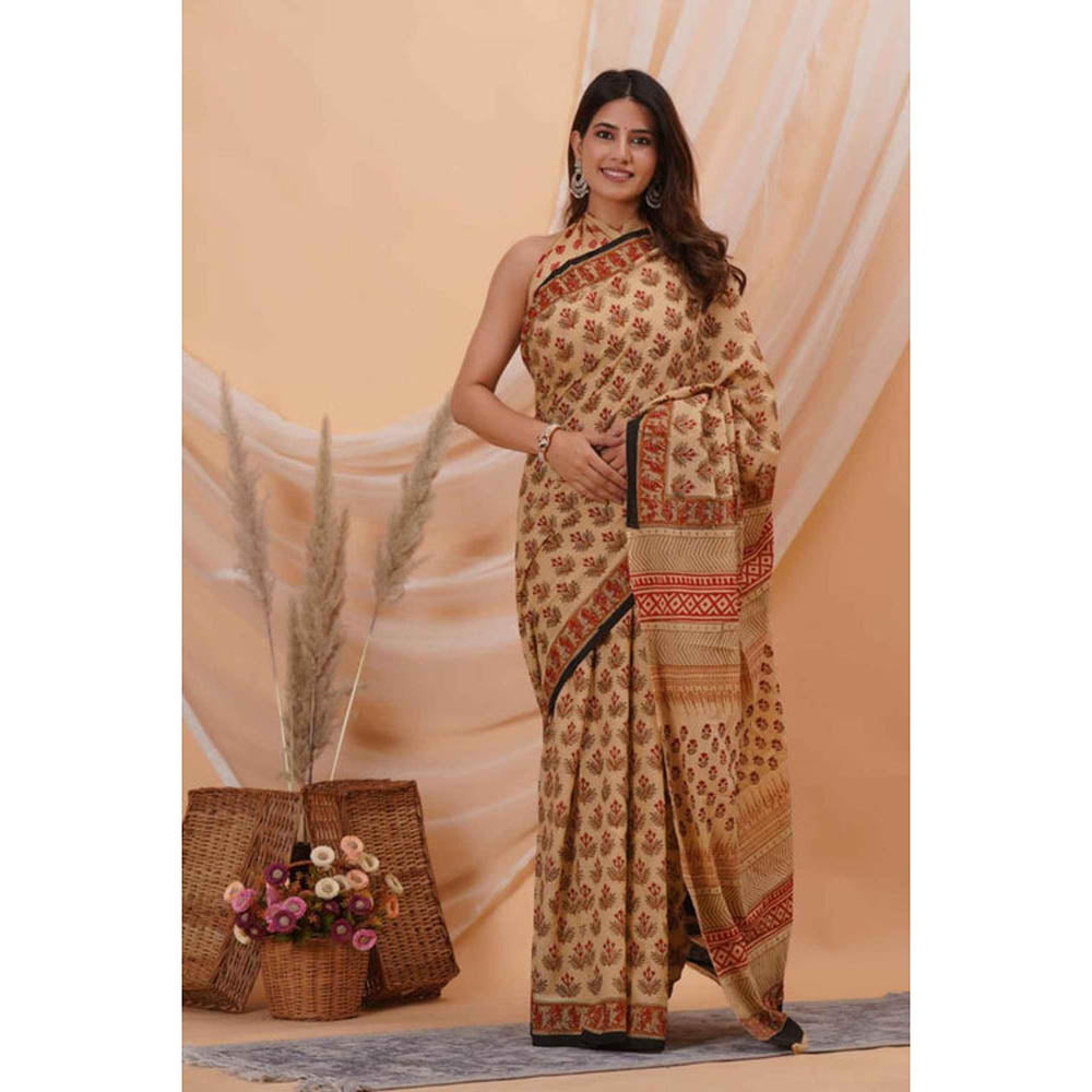Isadora Life Womens Block Print Beige Pre-Draped Saree With Unstitched Blouse