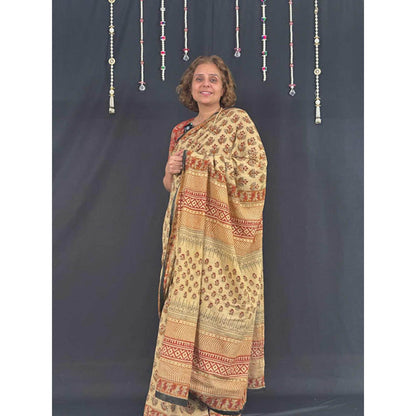 Isadora Life Womens Block Print Beige Pre-Draped Saree With Unstitched Blouse
