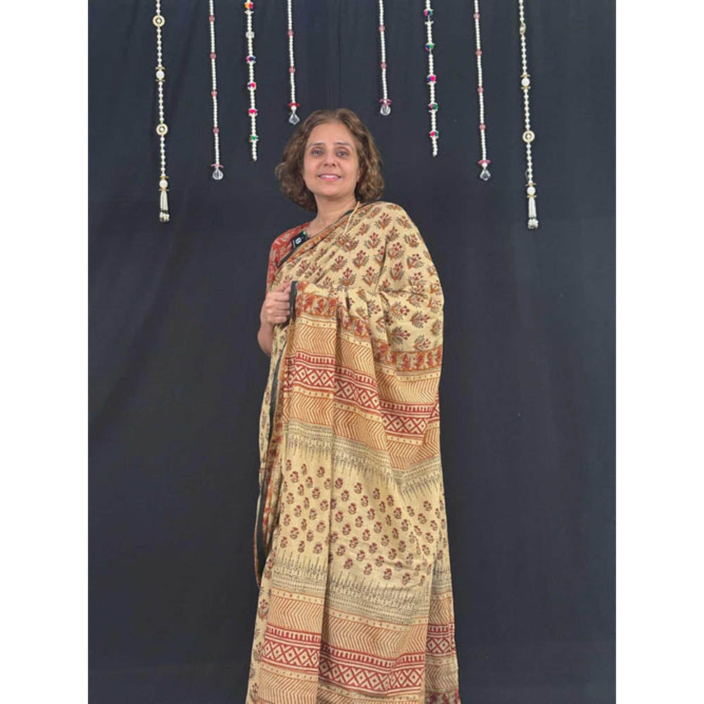 Isadora Life Womens Block Print Beige Pre-Draped Saree With Unstitched Blouse