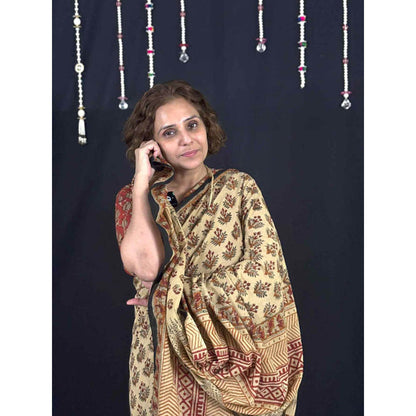 Isadora Life Womens Block Print Beige Pre-Draped Saree With Unstitched Blouse
