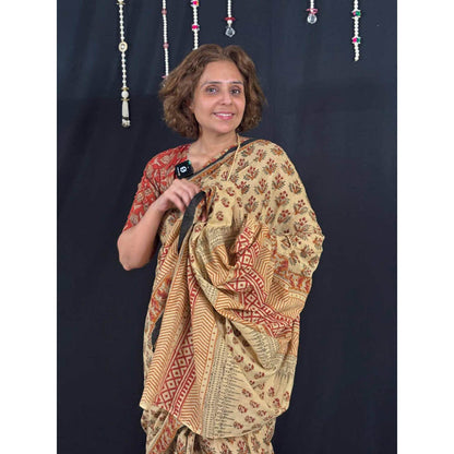 Isadora Life Womens Block Print Beige Pre-Draped Saree With Unstitched Blouse