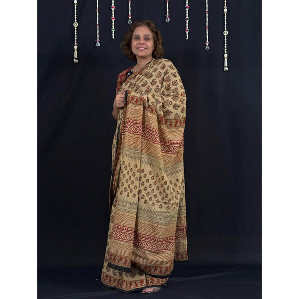 Isadora Life Womens Block Print Beige Pre-Draped Saree With Unstitched Blouse