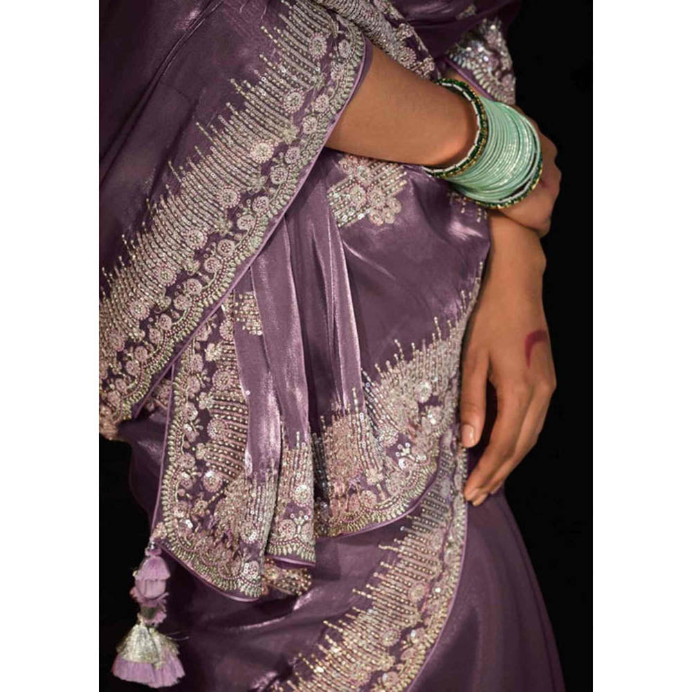 Isadora Life Womens Embroidered Sequined Lavender Pre-Draped Saree With Unstitched Blouse