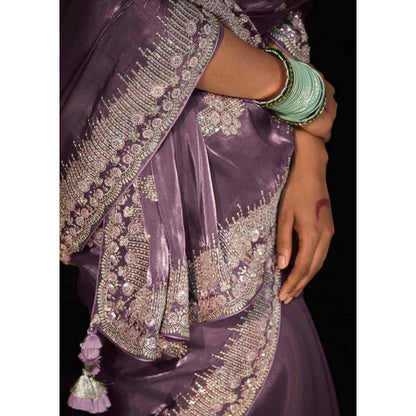 Isadora Life Womens Embroidered Sequined Lavender Pre-Draped Saree With Unstitched Blouse
