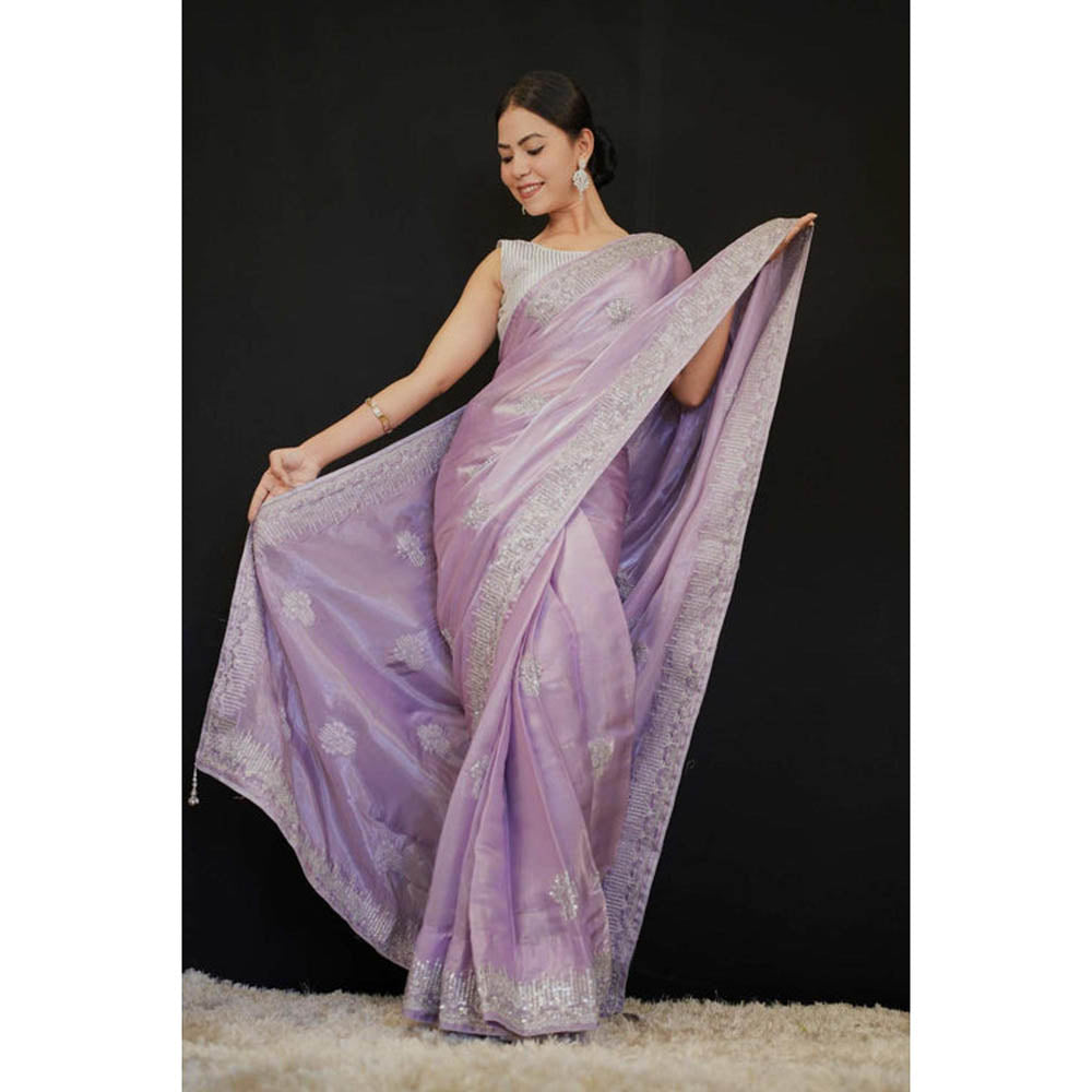 Isadora Life Womens Embroidered Sequined Lavender Pre-Draped Saree With Unstitched Blouse