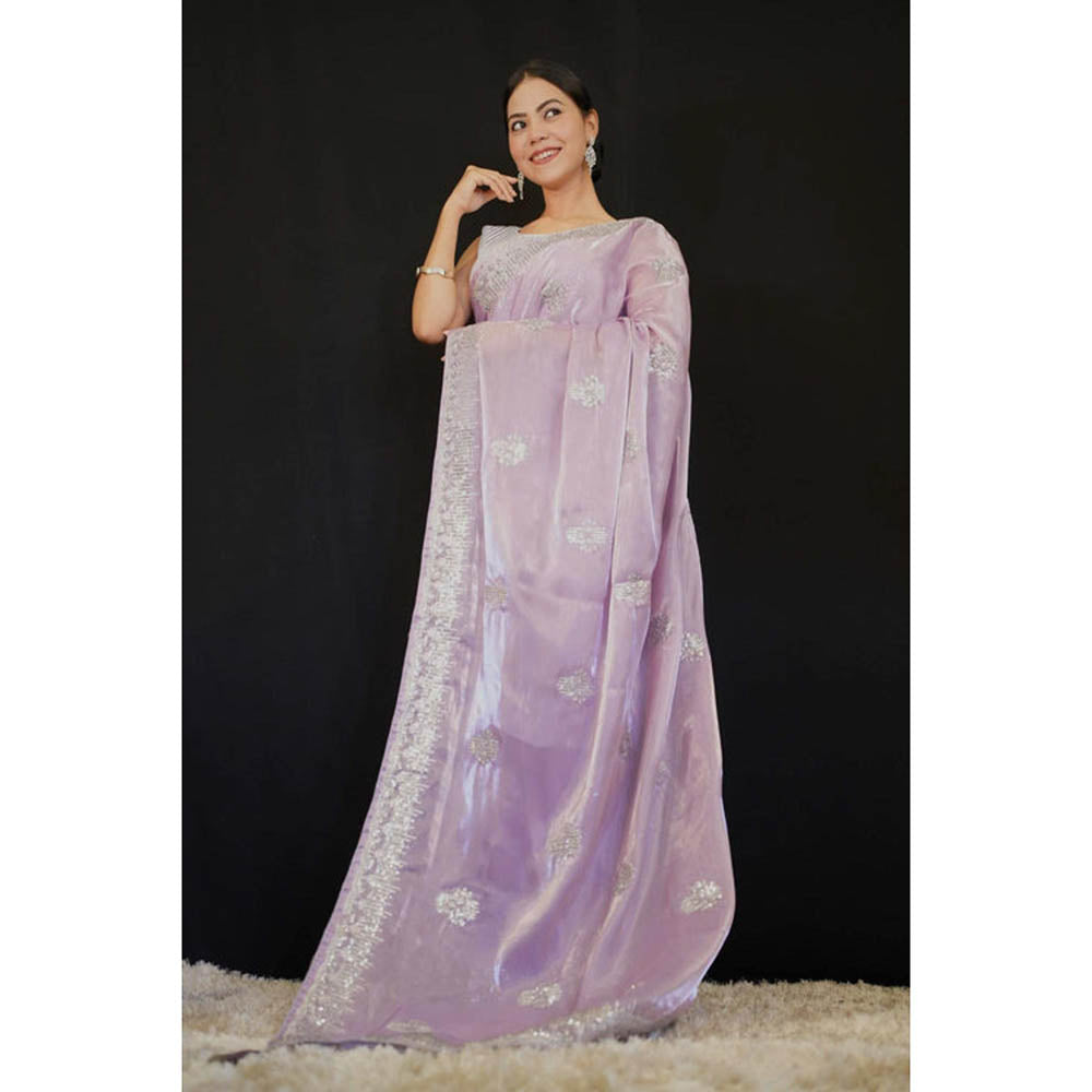 Isadora Life Womens Embroidered Sequined Lavender Pre-Draped Saree With Unstitched Blouse