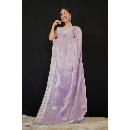 Isadora Life Womens Embroidered Sequined Lavender Pre-Draped Saree With Unstitched Blouse