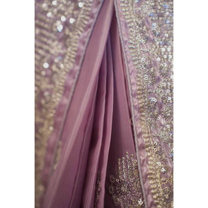 Isadora Life Womens Embroidered Sequined Lavender Pre-Draped Saree With Unstitched Blouse