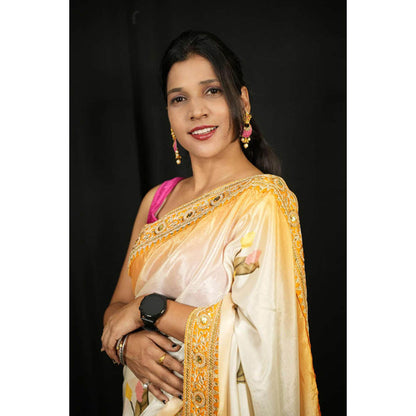 Isadora Life Womens Floral Embroidered Ivory Pre-Draped Saree With Unstitched Blouse