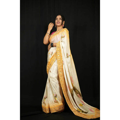 Isadora Life Womens Floral Embroidered Ivory Pre-Draped Saree With Unstitched Blouse