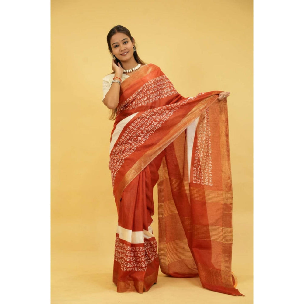 Isadora Life Womens Printed Rust Pre-Draped Saree With Unstitched Blouse