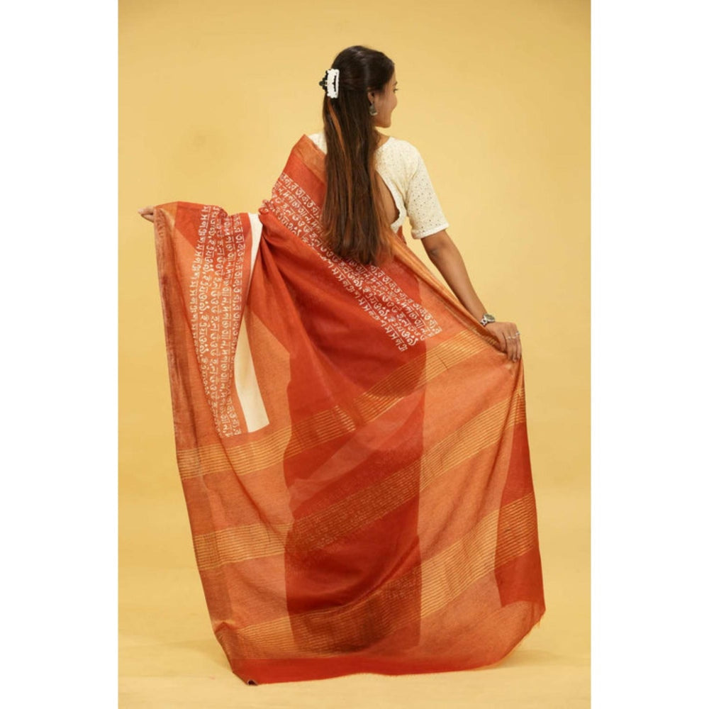 Isadora Life Womens Printed Rust Pre-Draped Saree With Unstitched Blouse