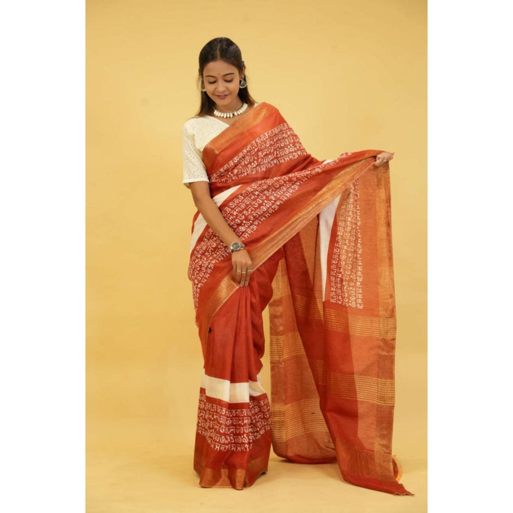 Isadora Life Womens Printed Rust Pre-Draped Saree With Unstitched Blouse