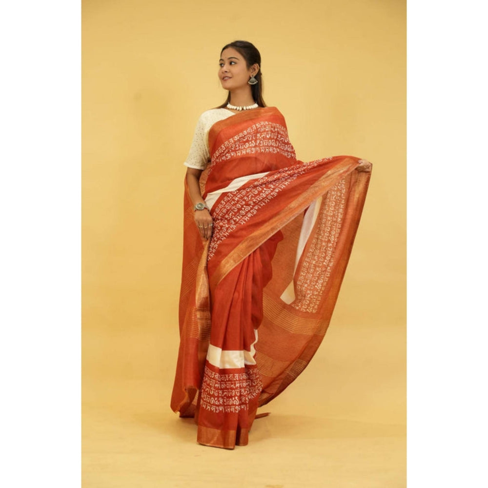 Isadora Life Womens Printed Rust Pre-Draped Saree With Unstitched Blouse