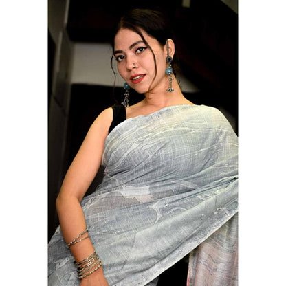 Isadora Life Womens Printed Tassels Grey Pre-Draped Saree With Unstitched Blouse