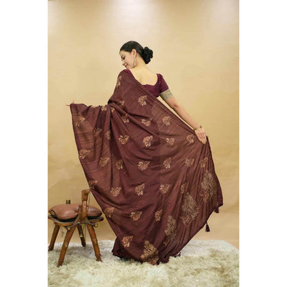 Isadora Life Womens Embroidered Tassels Brown Pre-Draped Saree With Unstitched Blouse