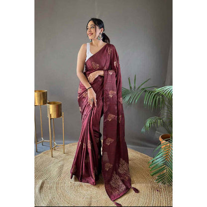 Isadora Life Womens Embroidered Tassels Brown Pre-Draped Saree With Unstitched Blouse