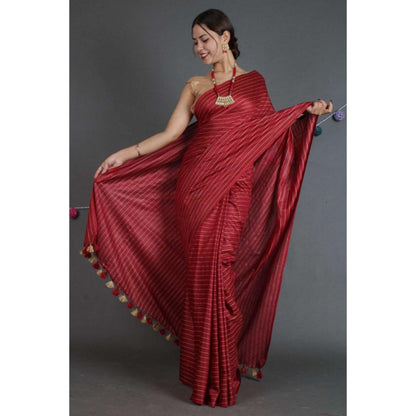 Isadora Life Womens Stripes Tassels Maroon Pre-Draped Saree With Unstitched Blouse