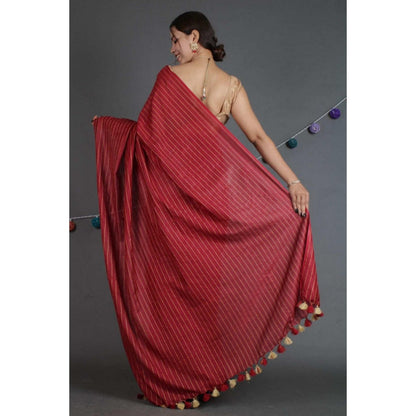 Isadora Life Womens Stripes Tassels Maroon Pre-Draped Saree With Unstitched Blouse