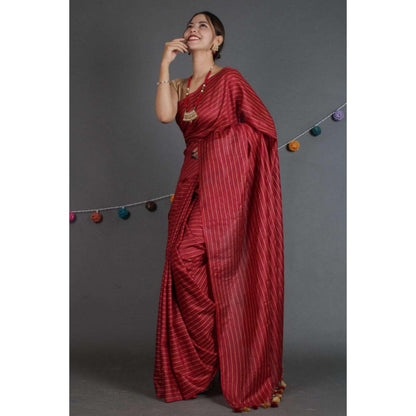 Isadora Life Womens Stripes Tassels Maroon Pre-Draped Saree With Unstitched Blouse
