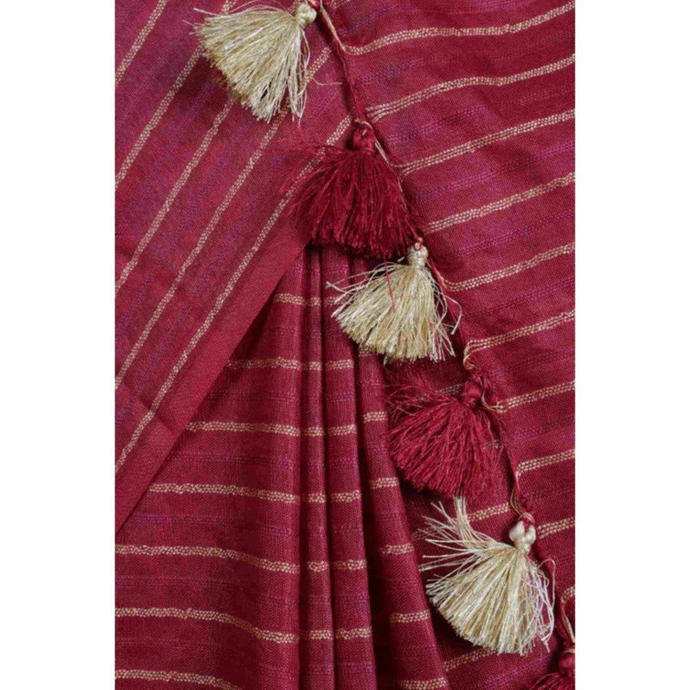 Isadora Life Womens Stripes Tassels Maroon Pre-Draped Saree With Unstitched Blouse