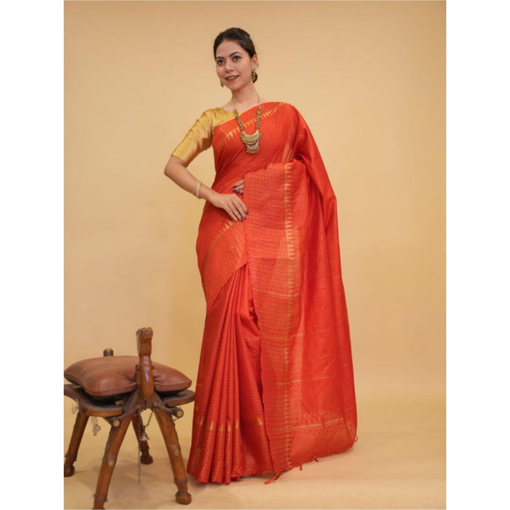 Isadora Life Womens Stripes Zari Orange Pre-Draped Saree With Unstitched Blouse
