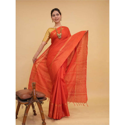 Isadora Life Womens Stripes Zari Orange Pre-Draped Saree With Unstitched Blouse