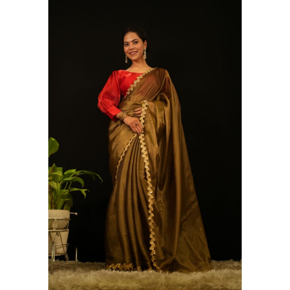 Isadora Life Womens Solid Embroidered Olive Pre-Draped Saree With Unstitched Blouse