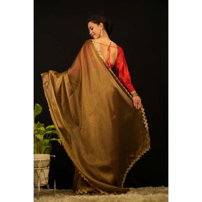 Isadora Life Womens Solid Embroidered Olive Pre-Draped Saree With Unstitched Blouse
