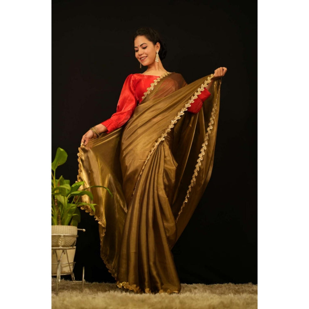 Isadora Life Womens Solid Embroidered Olive Pre-Draped Saree With Unstitched Blouse