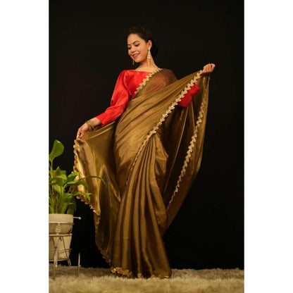 Isadora Life Womens Solid Embroidered Olive Pre-Draped Saree With Unstitched Blouse