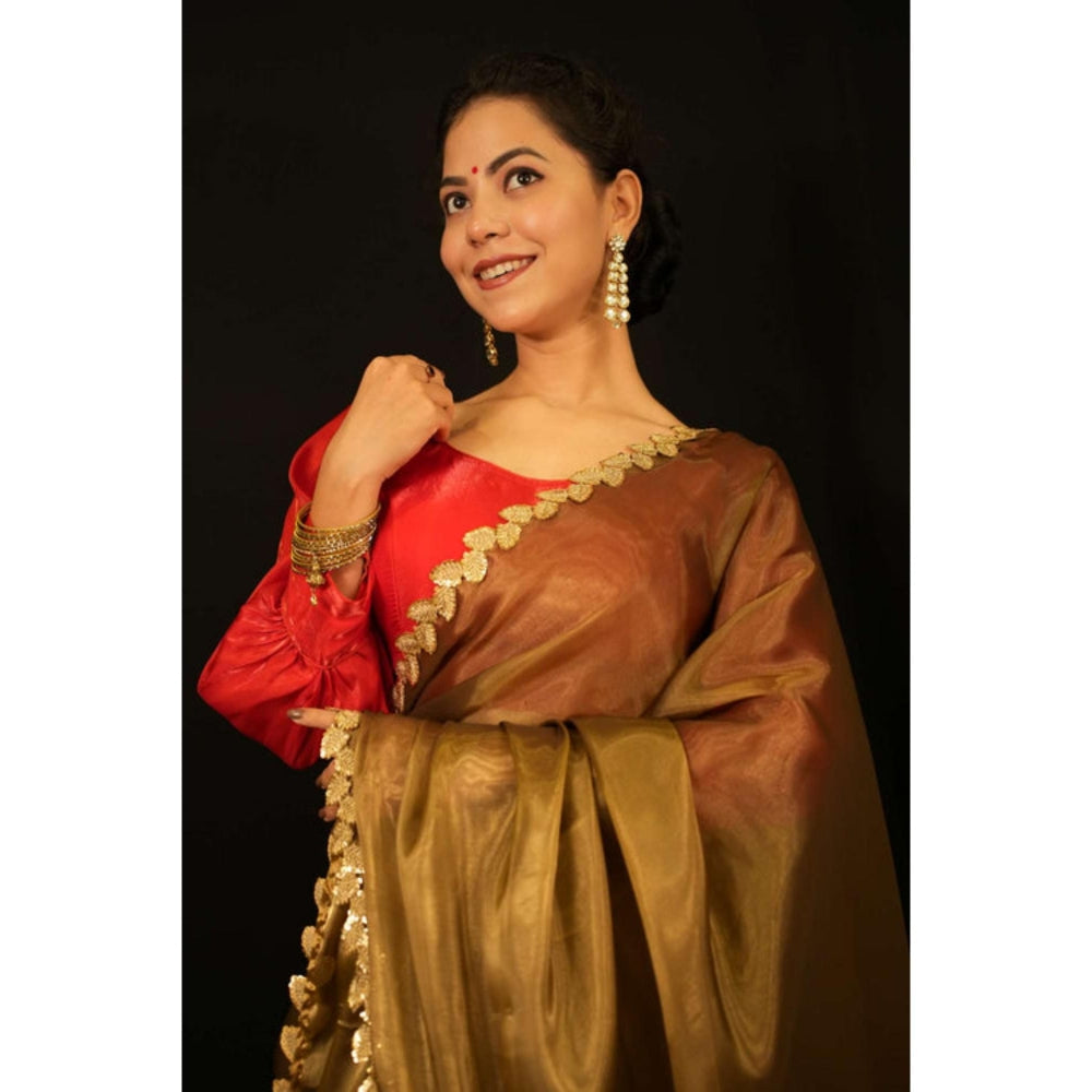 Isadora Life Womens Solid Embroidered Olive Pre-Draped Saree With Unstitched Blouse