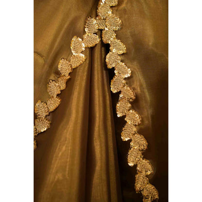 Isadora Life Womens Solid Embroidered Olive Pre-Draped Saree With Unstitched Blouse