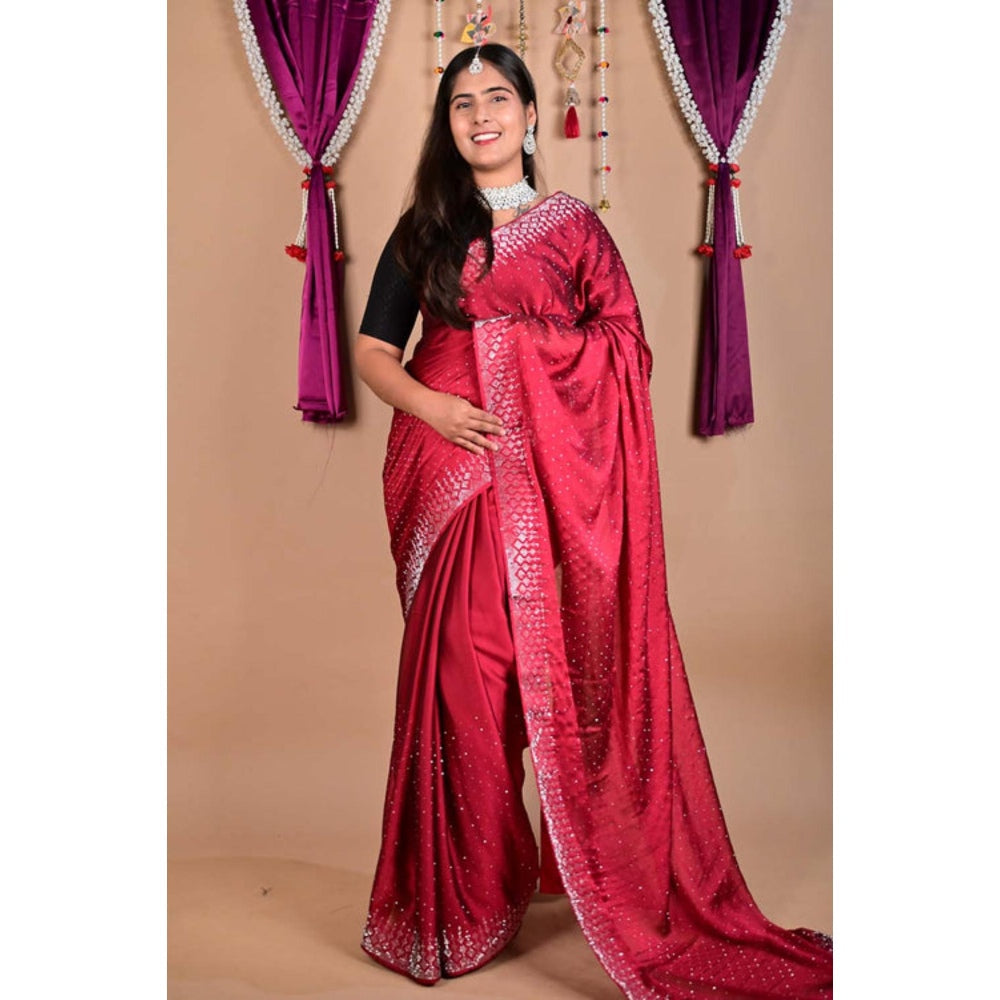 Isadora Life Womens Beads Sequined Red Pre-Draped Saree With Unstitched Blouse