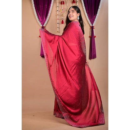 Isadora Life Womens Beads Sequined Red Pre-Draped Saree With Unstitched Blouse