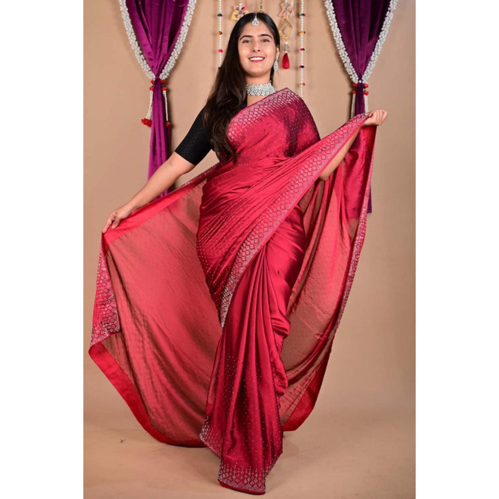 Isadora Life Womens Beads Sequined Red Pre-Draped Saree With Unstitched Blouse