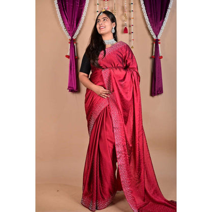 Isadora Life Womens Beads Sequined Red Pre-Draped Saree With Unstitched Blouse