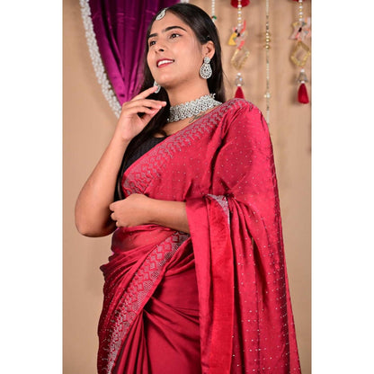 Isadora Life Womens Beads Sequined Red Pre-Draped Saree With Unstitched Blouse