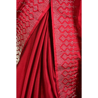 Isadora Life Womens Beads Sequined Red Pre-Draped Saree With Unstitched Blouse