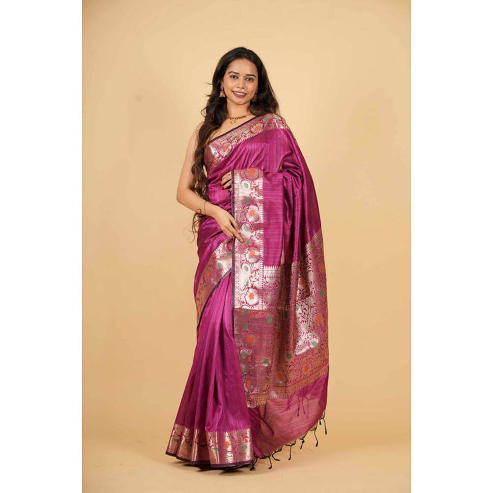 Isadora Life Womens Woven Tassels Purple Pre-Draped Saree With Unstitched Blouse
