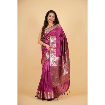 Isadora Life Womens Woven Tassels Purple Pre-Draped Saree With Unstitched Blouse
