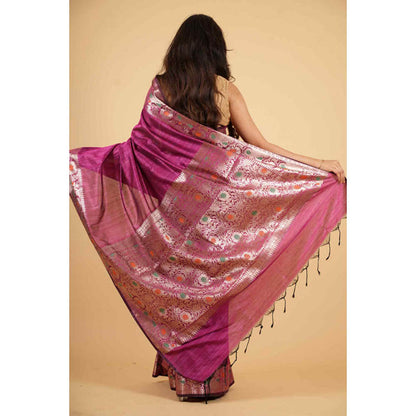 Isadora Life Womens Woven Tassels Purple Pre-Draped Saree With Unstitched Blouse