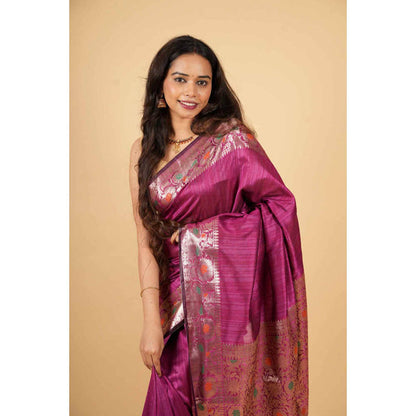 Isadora Life Womens Woven Tassels Purple Pre-Draped Saree With Unstitched Blouse
