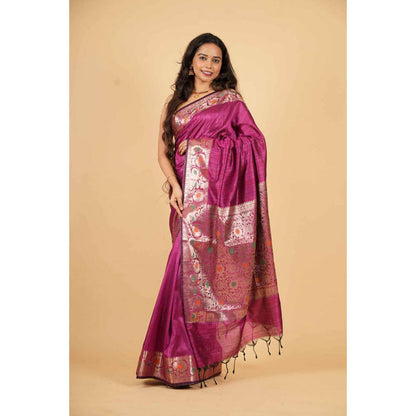 Isadora Life Womens Woven Tassels Purple Pre-Draped Saree With Unstitched Blouse